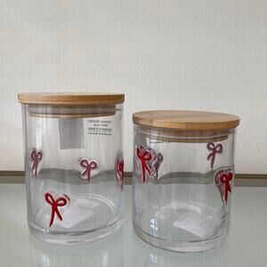 Red Bow Embossed Glass Canister Jar Storage Set of 2 With Bamboo Lid New